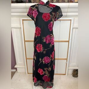 90s Asian Inspired Velvet Floral on Sheer w/solid Black under dress Maxi evening